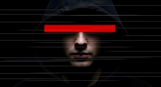 A mysterious man in a hoodie in the dark with a red bar over his eyes. Concept of a hacker, anonymity, censorship, or a futuristic cyber theme.