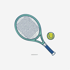 Flat vector icon of a blue tennis racket and a yellow ball for sports competition and active lifestyle leisure
