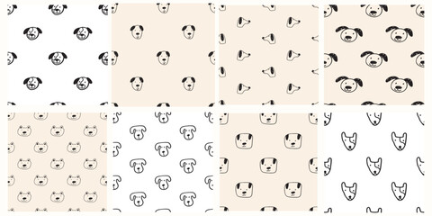 Collection of seamless pattern. Dogs faces. Outline vector design. Illustrations.