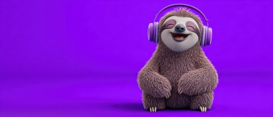 A happy cartoon sloth wearing purple headphones enjoys music against a vibrant purple background
