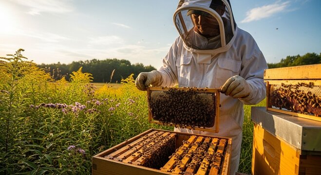 Beekeeper inspecting honeycomb frame