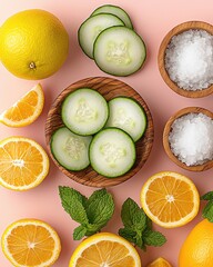 Top View Skincare Flatlay with Sliced Cucumber and Mint