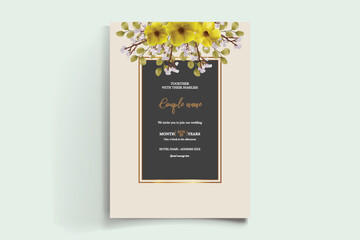 WEDDING INVITATION FRAME WITH FLOWER DECORATIONS AND FRESH LEAVES