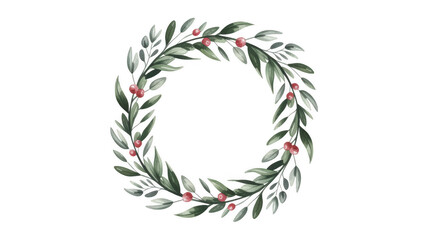 Obraz premium Watercolor wreath of green leaves and red berries isolated on transparent background for decoration, invitation, wedding, card, or other design