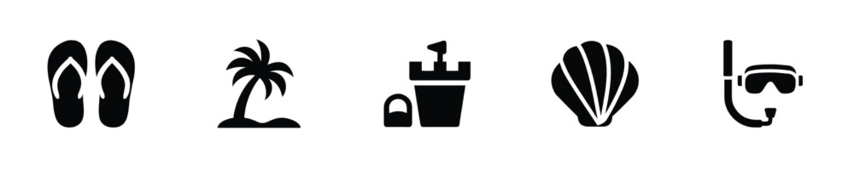 Icons beach vacation items including flip flops snorkel palm tree summer travel