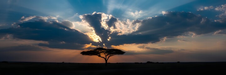 Obraz premium Serengeti Sunset Silhouette: A lone tree stands in silhouette against a dramatic sky, with sun rays piercing through the clouds, casting a warm glow over the African landscape.