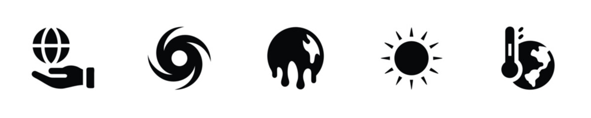 Icons earth held in hand hurricane melting globe sun thermometer holding