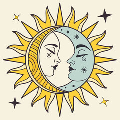 Artistic illustration of the sun and moon faces embracing each other surrounded by stars