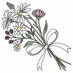 Charming hand drawn bouquet of daisies and wildflowers tied with a delicate ribbon