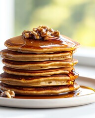 Stack of Golden Brown Pancakes with Maple Syrup and Nuts