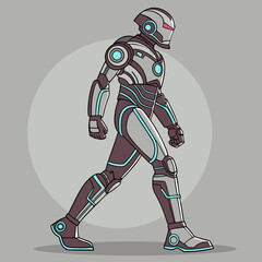 Futuristic robot warrior with glowing blue accents and red eyes walking confidently forward
