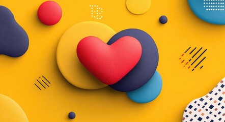Abstract graphic design featuring a red heart shape, various colored circles, and organic shapes on a bright yellow background
