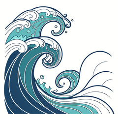 Stylized illustration of crashing ocean waves with blue and teal tones and white foam detail