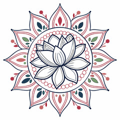 Stylized lotus flower mandala with geometric patterns and floral accents in red and blue