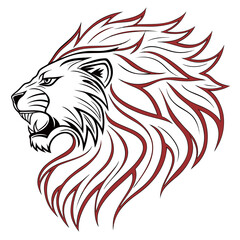 Stylized lion head profile with flowing mane in black and red outline against white background