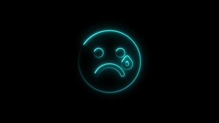 Glowing neon sad emoji with a tear drops against a black background - Powered by Adobe