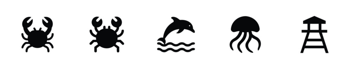 Silhouette icons marine life lifeguard tower crab crabs