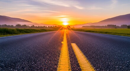 Fototapeta premium An empty straight road leading towards a beautiful sunrise on the horizon. A concept for journey, future, new beginnings, and travel.