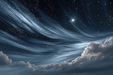 Night sky with clouds, stars, and light streaks