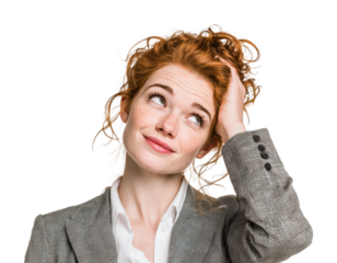 Professional businesswoman in office contemplating ideas thoughtfully isolated on transparent background
