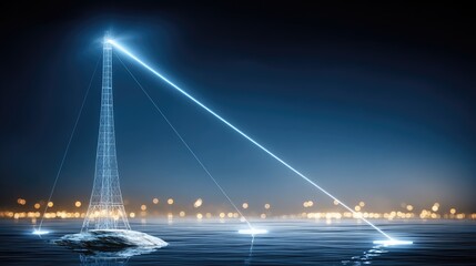 Tower of light reaching out over water at night