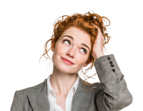 Professional businesswoman in office contemplating ideas thoughtfully isolated on transparent background