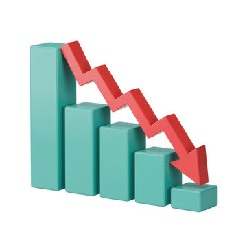 3d rendering of a bar graph with a red arrow pointing down, symbolizing a negative trend isolated on transparent background