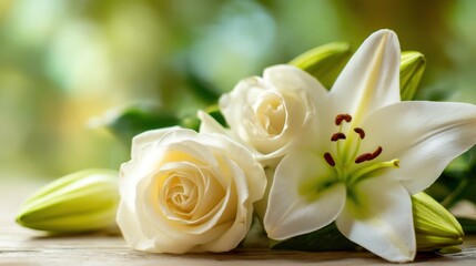 White roses and a white lily arranged together, with a soft green bokeh background and natural light