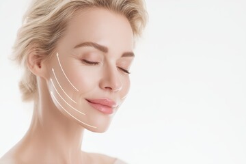 Fototapeta premium A woman with smooth skin and closed eyes smiles gently, with lifting arrows drawn on her cheek, suggesting facial rejuvenation or cosmetic treatment