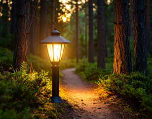Glowing Garden Lantern on a Winding Forest Path at Sunset