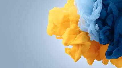 Dynamic abstract fabric art with vibrant blue and yellow ink swirls on stretched material, overhead view, energetic textures, seamless blend, inspiring colors, copy space on right side