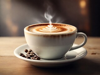 cup of hot coffee and coffee beans