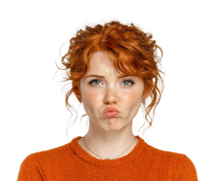 Pouting redhead woman portrait isolated on transparent background