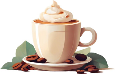 Hot coffee cup and milk foam, coffee beans.