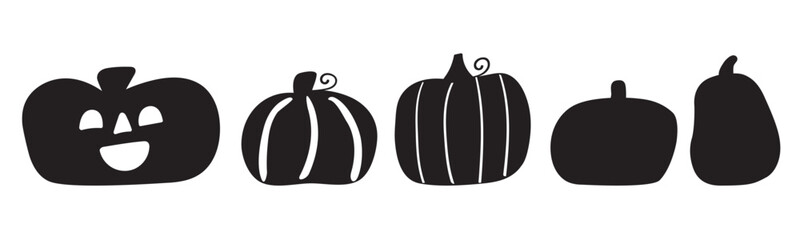 Set of different pumpkins on Halloween design. Silhouette vector illustrations on white background.