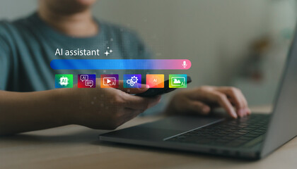 User interacting with virtual AI assistant on smartphone and laptop, with colorful app icons and digital interface. Smart technology and artificial intelligence in daily communication concept.