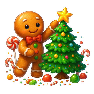 Gingerbread man decorating Christmas tree with candy and sweets