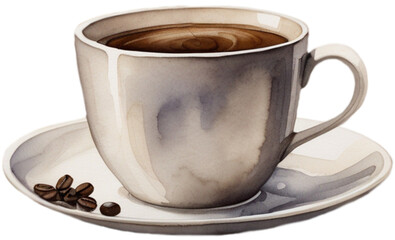 cup of hot coffee with beans, watercolor illustration of a hot coffee cup, hot coffee art
