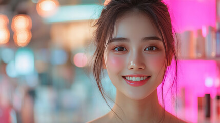 Cheerful Korean female beaming with wide smile, revealing white teeth while standing inside cosmetic store bathed in pink neon lighting, soft background highlighting her youthful glow