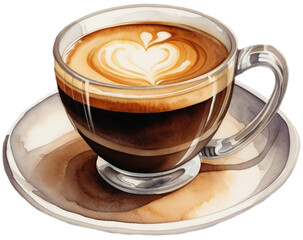watercolor illustration cup of coffee with heart shaped latte art on the frothy surface