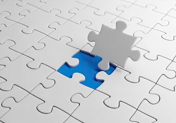 Fototapeta premium Ai generated image of a single grey puzzle piece hovers over a blue space in a white jigsaw puzzle, representing the final solution to a business problem