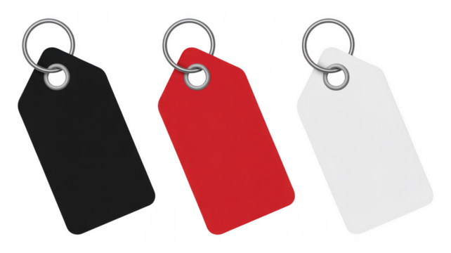 Three blank tags of different colors, black, red and white, hanging by a metal ring isolated on transparent background for marketing