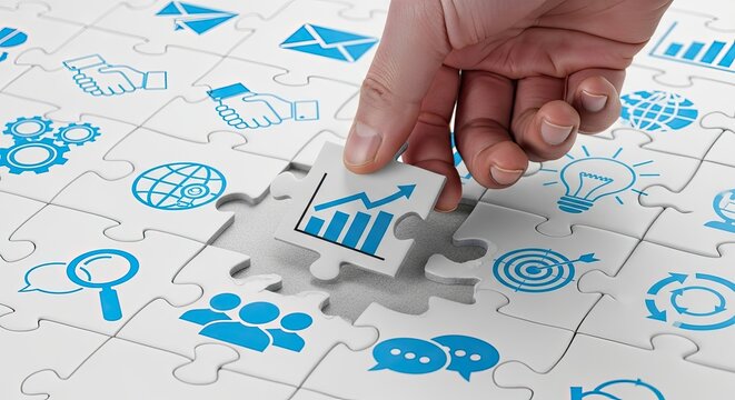 Hand placing a puzzle piece with financial growth chart into a larger jigsaw puzzle of business icons