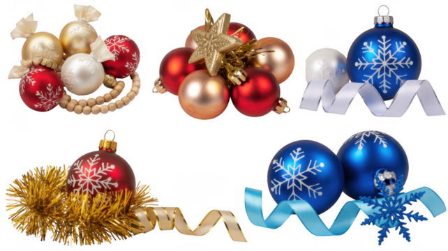 Festive christmas ornaments in various colors and styles, arranged on a transparent background, capturing the spirit of the holiday season