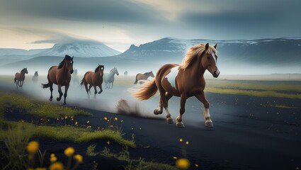 Wild Horses Running on Black Sand Desert with Mountain Background"