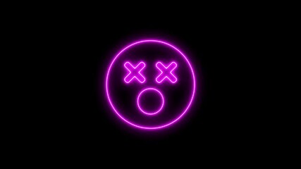 Glowing neon emoji face with x eyes and open mouth against a black background - Powered by Adobe