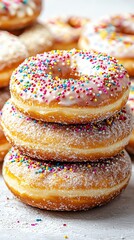 Stacked donuts with sprinkles and icing on a sweet background