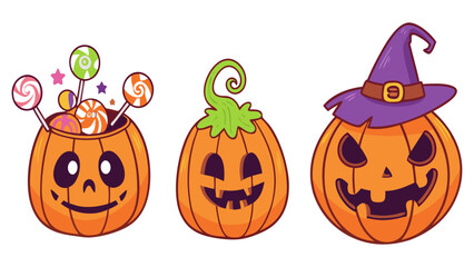 Cute Halloween Pumpkin Cartoon Set – Funny Jack-O’-Lanterns with Candy and Witch Hats