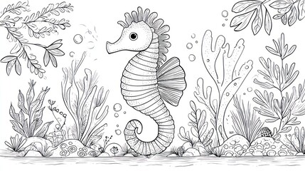 Obraz premium Seahorse art illustration amidst seaweed, coral, bubbles, and ocean flora