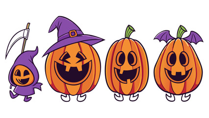 Cute Funny Halloween Pumpkins Set – Cartoon Jack-O’-Lantern Characters with Witch Hat, Scythe, and Bat Wings